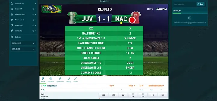 Golisimo sportsbook with virtual football results and bet slip